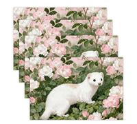 Stoat in Pink Rosebush Placemats 30x45cm*4 Linen Heat Resistant Placemats Waterproof Table Place Mats Washable Wipeable Outdoor Placemat for Kitchen Dining Room Table Decorations