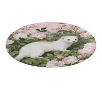 Stoat in Pink Rosebush Round Area Rug Non Slip Backing Doormat Water Absorbent Plush Throw Low-Pile Non-Slip Floor Mat Carpet for Living Room Bedroom Entryway Nursery Room 80 * 80cm