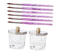 STOBAZA 10pcs Nail Art Manicures Glass Crystal Octagonal Cups Lid and 6pcs 3D Sculpting Pure Hair Nail Painting Drawing Brush Pens Set for Salon Use