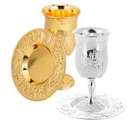 STOBAZA 2 Sets Metal Judaica Cups with Embossed Design and Saucer Footed Wine Goblets for Shabbat Passover Jewish Holiday Celebrations and Wedding Ceremonies Gold and Silver Finish