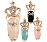 STOBAZA 4pcs Crown Knuckle Nail Rings with Rhinestone Alloy Fashion Fingernail Decorations for Women DIY Nail Art Accessories in White Blue Black Pink