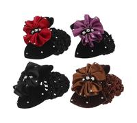 STOBAZA 4pcs Rhinestone Velvet Bowknot Snood Net Hair Clips for Women Nurses, Mesh Hairnet Barrettes with Floral Design in Purple, Black, Coffee, and Red for Work and Office Use
