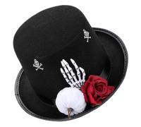 STOBAZA Day the Dead Black Gothic Top Hat with Red Rose and Skeleton Hand, Victorian Felt High Top Hat for Halloween Party and Day the Dead Celebration, Comfortable Steampunk Costume