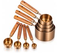 STOBAZA Measuring Cups and Spoons Set, 8-Piece Rose Gold with Wood Handles | 4 cups and 4 spoons cover key recipe measures with clear markings, nesting shapes and hanging holes for tidy storage