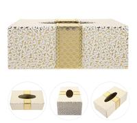 STOBAZA Rectangular Leather Tissue Box Cover with Embossed Pattern, Large Size Napkin Holder for Home and Hotel Desktop Decor, White and Gold Premium Facial Tissue Dispenser