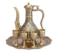 STOBAZA Vintage Turkish Tea Kettle and Embossed Wine Cups Set, 500ml Metal Coffee Decanter Tray, Antique Bronze Coffee Carafe and Six-Piece Tea Serving Utensils for Home Bar and Table Decor