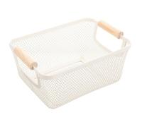 STOBAZA Wrought Iron Wire Basket with Wooden Handle Decorative Storage Bin for Bathroom and Kitchen Shelves Medium White Scandinavian Style Organizer for Home Storage