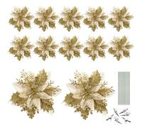 STOBOK 12Pcs Christmas Glitter Poinsettia Artificial Flowers Xmas Tree New Year Ornaments with Clips and Stems Wedding for Gold Christmas Tree Wreaths Garland Holiday Decoration (Gold)