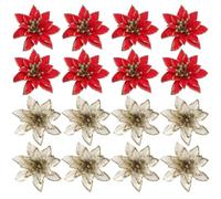 STOBOK 24Pcs Glitter Artificial Silk Poinsettia Flowers Christmas Tree Ornaments Xmas Wreaths Garland Decorations for Christmas Tree New Year Ornaments (Red+ Golden)