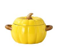 Stock Pot with Lid, 1.9L Ceramic Pumpkin Casserole Dish with Lid, Large Soup Bowl with Dual Handles, Dishwasher & Microwave Safe, Pumpkin Soup Pot for Halloween Christmas Thanksgiving (Yellow)