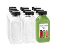 Stock Your Home 12 oz Juice Bottles with Caps for Juicing (12 pack) - Reusable Clear Empty Plastic Water Bottles - Drink Containers for Mini Fridge, Juicer Shots Includes Labels, Brush & Funnel