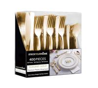 Stock Your Home Gold Plastic Silverware Set (400 Bulk Pack) - 134 Gold Forks, Knives, Spoons - Heavy Duty, Disposable, Recyclable - Perfect for Holidays, Parties, Dinners, Weddings, and Occasions