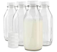 Stock Your Home Liter Glass Milk Bottle with Lid (4 Pack) 32 Oz Jugs and 8 White Caps, Reusable Food Grade Container for Refrigerator, Juice, Oat or Plant Milks, Water, Honey