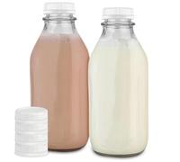 Stock Your Home Liter Glass Milk Bottles (2 Pack) - 32-Oz Milk Jars with Lids - Food Grade Glass Bottles - Dishwasher Safe - Bottles for Milk, Buttermilk, Honey, Maple Syrup, Jam, BBQ Sauce