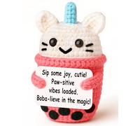 Stocking Stuffers for Teen Girls - Mini Crochet Boba Tea Plush with Kitty Cat Lid, Matcha Green or Pink, Handmade 8-10cm, Cute, Kawaii Desk/Nightstand Decor, Secret Santa