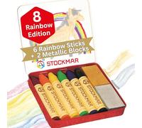 Stockmar Wax Crayons - Anniversary Rainbow Edition with 6 Colourful Colouring Pencils and 2 Blocks of Wax, Packed in a Practical Tin Case, Ideal for Nursery, Suitable for Children from 3 Years