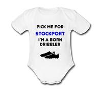 STOCKPORT Born Dribbler Football Personalised Unique Baby Vest Baby Grow Babygrow Cute Novelty Boys Girls Unisex funny County