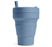 STOJO On-The-Go Biggie Collapsible Coffee Cup with Lid - 16oz / 473ml - Reusable & Foldable Silicone Travel Mug - Portable, Pocket Size - Dishwasher Safe - Steel Blue