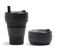 STOJO On-The-Go Biggie Collapsible Coffee Cup with Lid - 16oz / 473ml - Reusable & Foldable Silicone Travel Mug - Portable, Pocket Size - Dishwasher Safe - Ink Black