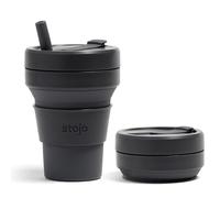 STOJO On-The-Go Biggie Collapsible Coffee Cup with Lid - 16oz / 473ml - Reusable & Foldable Silicone Travel Mug - Portable, Pocket Size - Dishwasher Safe - Carbon