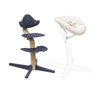 Stokke Nomi Chair (Oak Navy) with Newborn Set (White/Grey Sand) - Includes 5-Point Safety Harness & Reversibile, Washable Textile Set - Holds Up to 150 kg