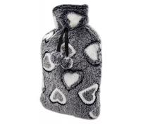 Stolmet Hot Water Bottle 2L with Knitted Faux Fur & Fleece Cover - Cozy Heat Pack for Cold Nights, Santa, Stars & More Patterns (Hearts Grey)