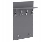 Stolmet Vertical Wall-Mounted Coat Rack with Shelf - 4 Large & 2 Small Chrome Hooks, Solid Wood Panel 100cm x 60cm - Available in Oak Sonoma, Oak Kraft Gold, Grey, and White (Grey Wood)