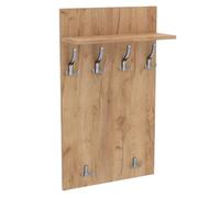 Stolmet Vertical Wall-Mounted Coat Rack with Shelf - 4 Large & 2 Small Chrome Hooks, Solid Wood Panel 100cm x 60cm - Available in Oak Sonoma, Oak Kraft Gold, Grey, and White