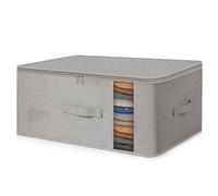 Stomonster Clothing Storage Bags, Foldable Bag Organizer, 60L Large Capacity Cotton and Hemp Storage Bags with Zips Lid, Reinforced Handle, Clear Window for Clothes, Duvets, Blankets, Toys