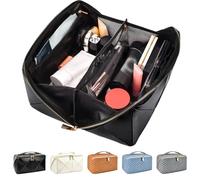 stona Travel Makeup Bag for Women, Large Capacity PU Leather Waterproof Checkered Cosmetic Bags, Portable Pouch Open Flat Toiletry Bag, Make up Organizer with Divider and Handle