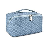 stona Travel Makeup Bag for Women, Large Capacity PU Leather Waterproof Checkered Cosmetic Bags, Portable Pouch Open Flat Toiletry Bag, Make up Organizer with Divider and Handle, Light Blue