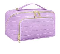 stona Travel Makeup Bag for Women PU Leather Waterproof Plaid Portable Open Flat Makeup Organizer with Divider and Handle Purple