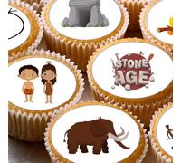 Stone Age Pre-cut Edible Wafer Cupcake Toppers, Prehistoric Theme Cake Decorations with Cavemen, Mammoth, Tools and Animals x 24