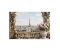 Stone Arch Pink Roses View Of Eiffel Tower Paris Canvas Wall Art Poster Romantic City Landscape Print Elegant Decor Bedroom Living Room Apartment 16x24inch