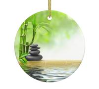 Stone Bamboo Christmas Ceramic Ornament,Double-Sided Printed Round Bauble With Gold String,Unique Dual-Face Design For Xmas Tree Home Festive Decor