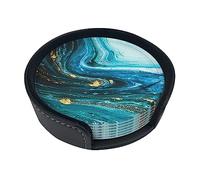 Stone Blue Gold Marble Coasters For Drinks, 6 Pcs Leather Coaster With Holder, Round Cup Mat Pad Set For Home Office Table Decoration