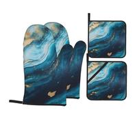 Stone Blue Gold Marble Oven Mitts And Pot Holders 4 Pcs Set - Anti-Skid Oven Gloves, Insulated Microwave Oven Mitts And Cooking Mitts For Kitchen Baking Bbq Grilling