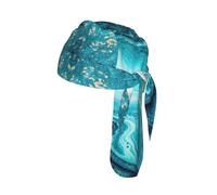 Stone Blue Gold Marble Print Bike Cap Breathable Headwrap Moisture Wicking Tie Back Helmet Liner Outdoor Event Gift 22-24 In