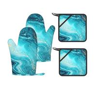 Stone Blue Gold Marble Printed Kitchen Set with Heat Resistant Oven Mitts & Non-Slip Pot Holders for Baking Grilling