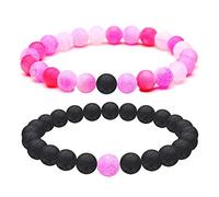 Stone Bracelet For Women,Natural Stone Bangle 7 Chakra 2Pcs Set 8Mm Crack Black Pink Gem Stone Beads Kit Charm Bracelets For Anxiety Men Girl Couple Jewelry