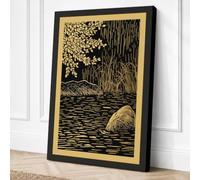 Stone by the River Japandi Canvas Wall Art Print 24x16 Inch | Black