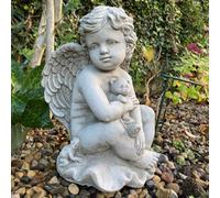 Stone Cast Cherub Ornament With Teddy On Hand