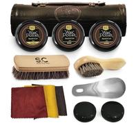 Stone & Clark 12PC Shoe Polish & Care Kit, Leather Shoe Shine Kit with Brown Wax, Shoe Brushes for Polishing, Shine Cloth & Shoe Horn, Compact Shoe Cleaning Kit with Horse Hair Brushes & PU