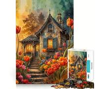 Stone Cottage with Tulips Jigsaw Puzzle for Teenagers 1000 Pieces Brain Skill Home Activity Exact Edge Festive Gift 38x26cm