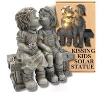 Stone Effect Kissing Kids on Bench 21cm Resin Garden Ornament - Boy and Girl Garden Ornaments Outdoor - Solar Powered Garden Ornaments - Light Up LED Outdoor Statues - Valentines Day Gifts for her
