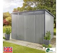 Stone Garden 10X8Ft Large Steel Shed In Grey, 12,800L Capacity, Double Doors, Shelves, Tool Hangers, Lock & Ventilation