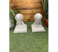 STONE GARDEN PAIR OF ART DECO SPHERE STYLE PILLAR WALL POST CAP ORNAMENTS