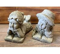 STONE GARDEN PAIR OF LAYING BOY AND GIRL STATUE ORNAMENTS