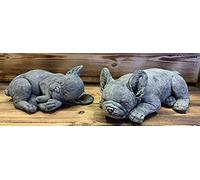 STONE GARDEN PAIR OF LYING FRENCHIE FRENCH BULLDOG DOG PUPPY ORNAMENT STATUE