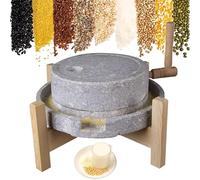 Stone Grain Mill with Base, Hand Crank Grinder for Dry/Wet Grains, Natural Granite Mill for Soymilk, Sesame, Beans, Tofu, Kitchen Food Mill Grinder